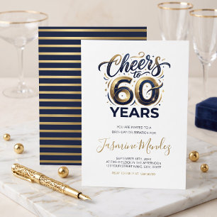 Cheers to 60 years Elegant Gold Blue Birthday Invitation