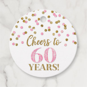 Cheers to 60 Years Gold Pink Confetti Favour Tags