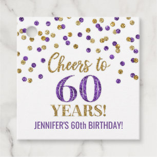 Cheers to 60 Years Gold Purple Confetti Favour Tags
