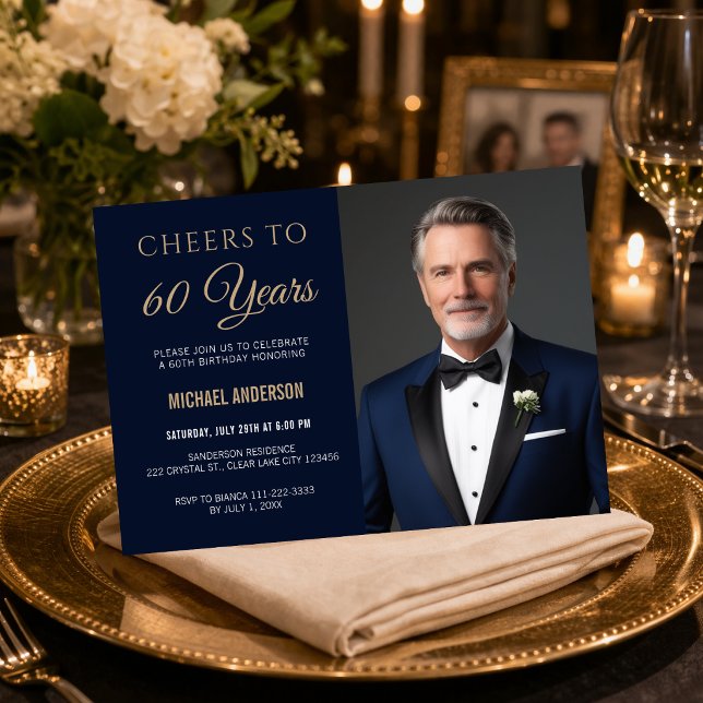 Cheers to 60 Years Invite (Elegant navy and gold 60th birthday invitation with “Cheers to 60 Years” design)