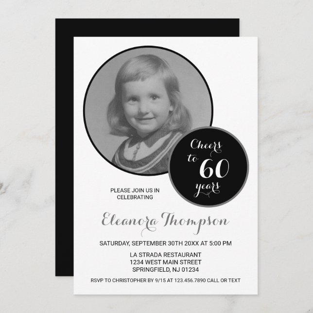 Cheers to 60 Years Photo Black and White Invitation (Front/Back)