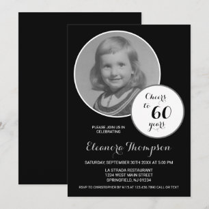 Cheers to 60 Years Photo Black and White Invitation