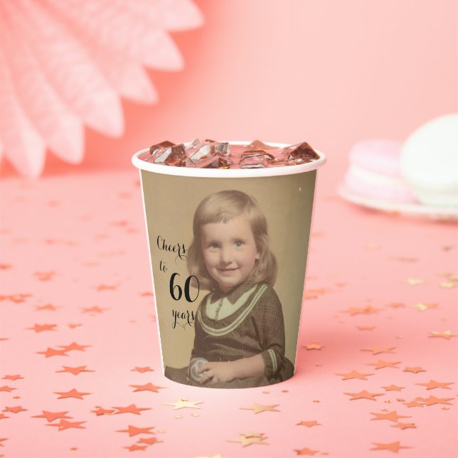 Cheers to 60 Years! Photo Black Script Paper Cups (Insitu)