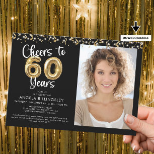 Cheers to 60 Years Photo Script Balloon Confetti Invitation