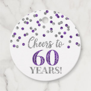 Cheers to 60 Years Purple Silver Confetti Favour Tags