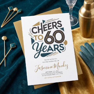 Cheers to 60 years Retro Gold Blue Birthday Invitation