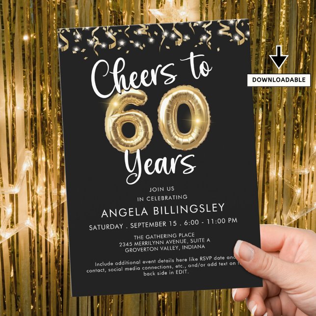 Cheers to 60 Years Script Balloon Confetti Invitation (Creator Uploaded)