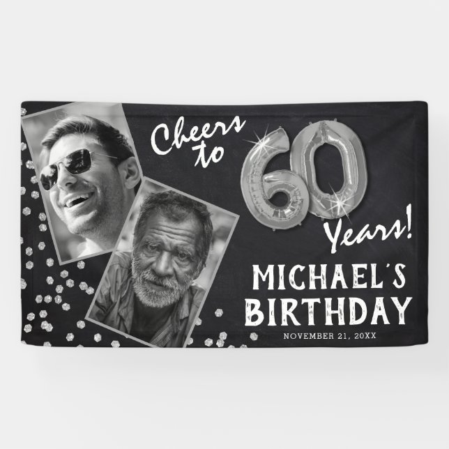 Cheers to 60 Years Silver Balloon 2 Photo Birthday Banner (Horizontal)