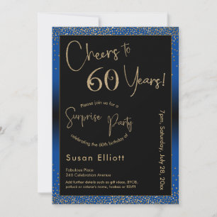 Cheers to 60 Years Surprise Birthday Gold & Blue Invitation