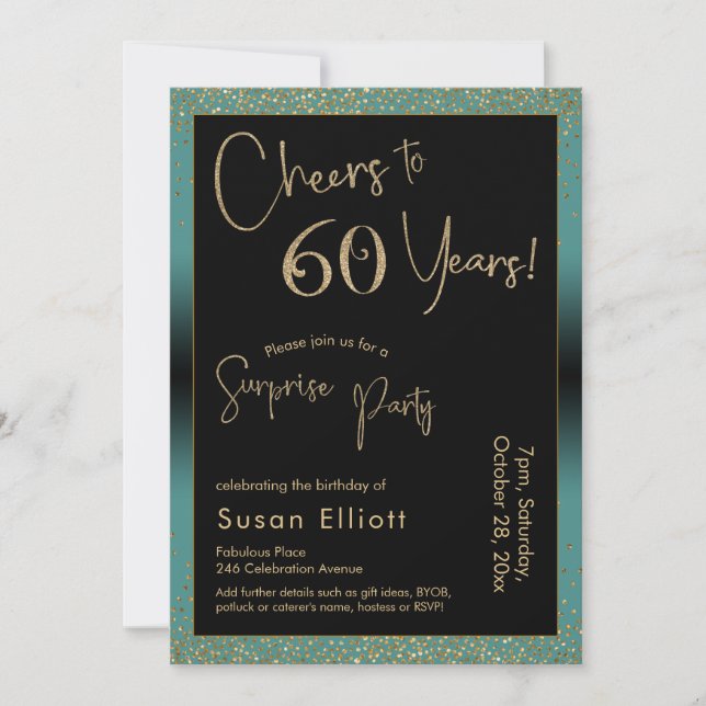 Cheers to 60 Years Surprise Birthday Party, Teal Invitation (Front)