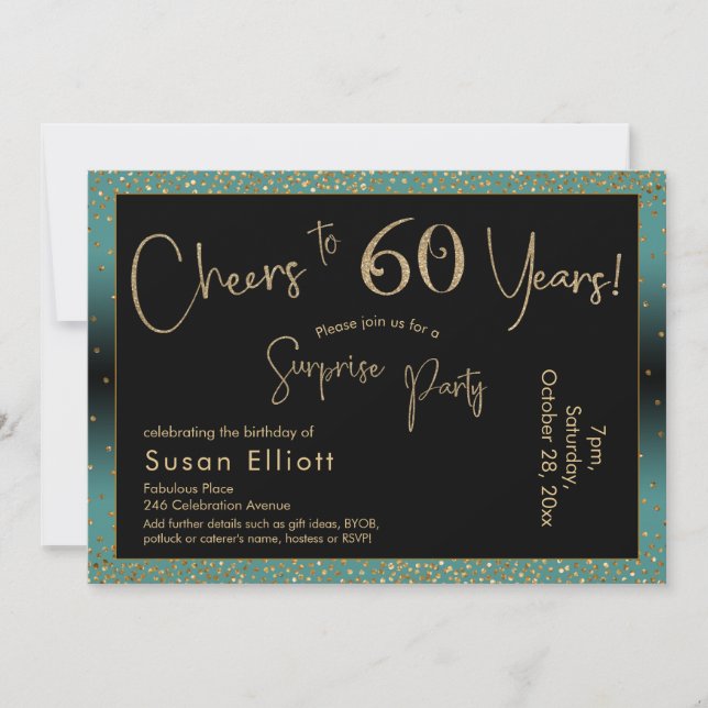 Cheers to 60 Years Surprise Birthday Teal and Gold Invitation (Front)