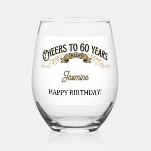 Cheers to 60 years Vintage Elegant Birthday Stemless Wine Glass