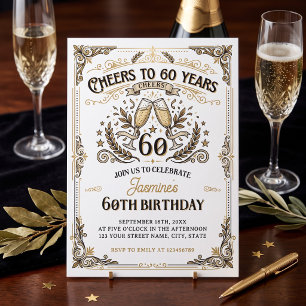 Cheers to 60 years Vintage Gold White Birthday Invitation