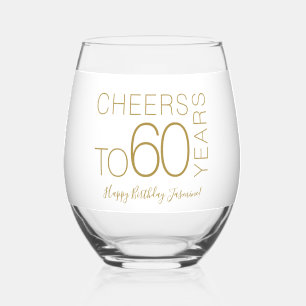 Cheers to 60 years White Gold Elegant Birthday Stemless Wine Glass