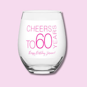 Cheers to 60 years White Pink Elegant Birthday Stemless Wine Glass