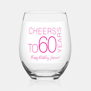Cheers to 60 years White Pink Elegant Birthday Stemless Wine Glass