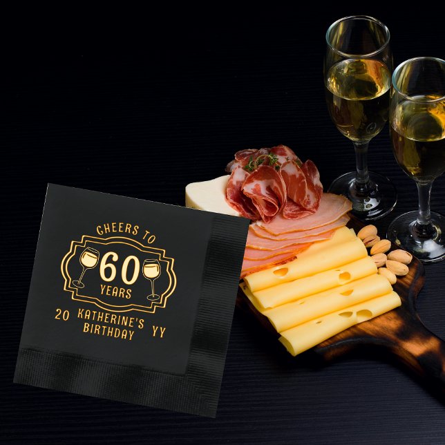 Cheers to 60 Years Wine Glasses Birthday Name Foil Napkins ("Cheers to 60 Years" wine Glasses 60th Birthday with Name and Year Stamped Foil Napkins)