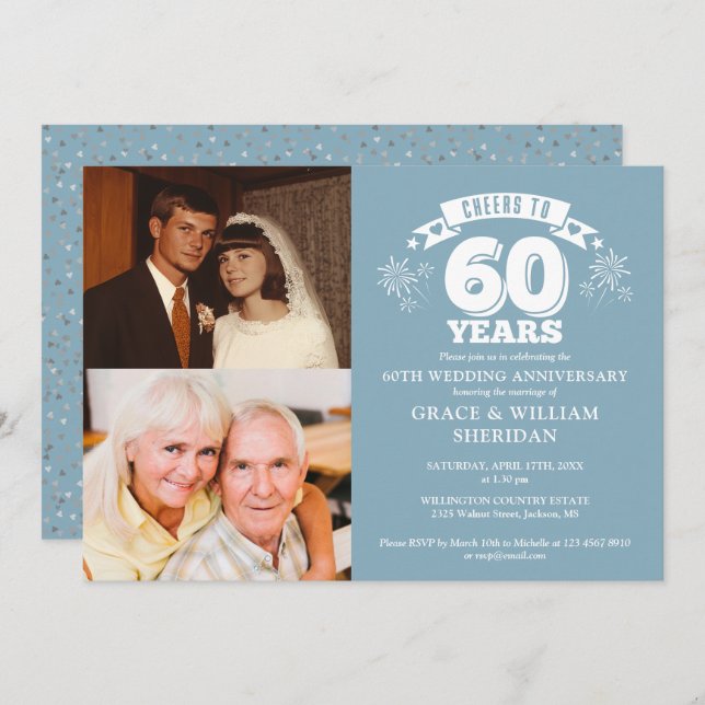 Cheers To 60th Wedding Anniversary 2 Photo Invitation (Front/Back)