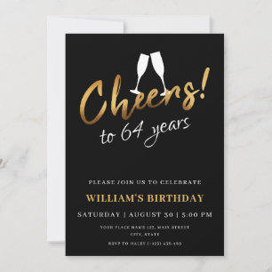 Cheers to 64 Years Gold Black Adult Birthday Photo Invitation