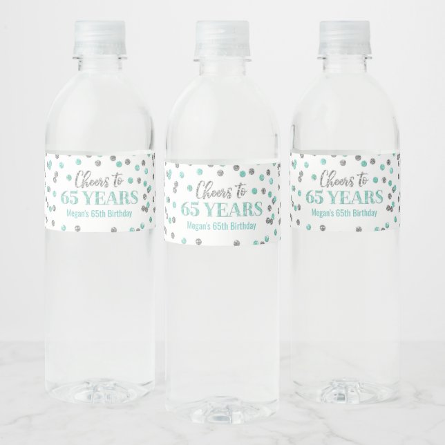 Cheers to 65 Years Aqua Silver Confetti Birthday Water Bottle Label (Bottles)