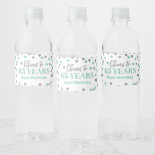 Cheers to 65 Years Aqua Silver Confetti Birthday Water Bottle Label