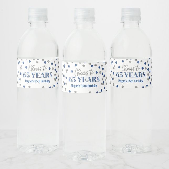 Cheers to 65 Years Blue Silver Confetti Birthday Water Bottle Label (Bottles)
