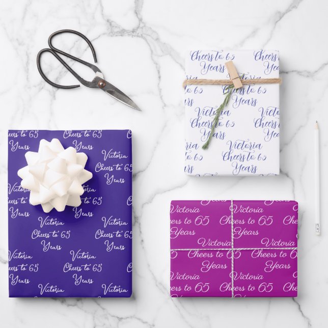 Cheers to 65 Years Purple Magenta 65th Birthday Wrapping Paper Sheet (Front)