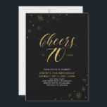 Cheers to 70 | Gold & Black 70th Birthday Party Invitation<br><div class="desc">Let's celebrate your special day with this stylish 70th birthday party invitation. This design features chic gold typography "Cheers to 70 years" and gold elements with a black background. You can customise the text and background colour. More matching party supplies are available at my shop BaraBomDesign.</div>