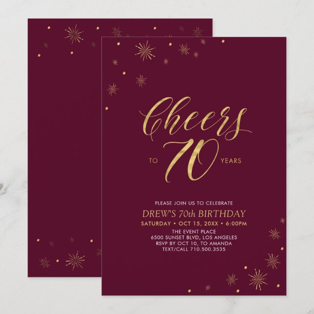 Cheers to 70 | Gold & Burgundy 70th Birthday Party Invitation (Front/Back)