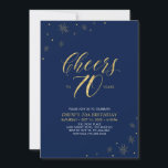 Cheers to 70 | Gold & Navy 70th Birthday Party Invitation<br><div class="desc">Let's celebrate your special day with this stylish 70th birthday party invitation. This design features chic gold typography "Cheers to 70 years" and gold elements with a navy blue background. You can customise the text and background colour. More matching party supplies are available at my shop BaraBomDesign.</div>