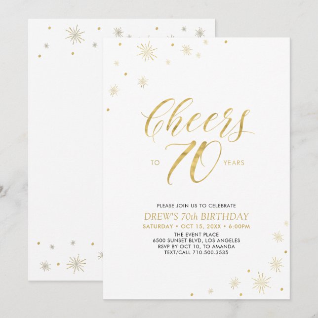 Cheers to 70 | Gold & White 70th Birthday Party Invitation (Front/Back)