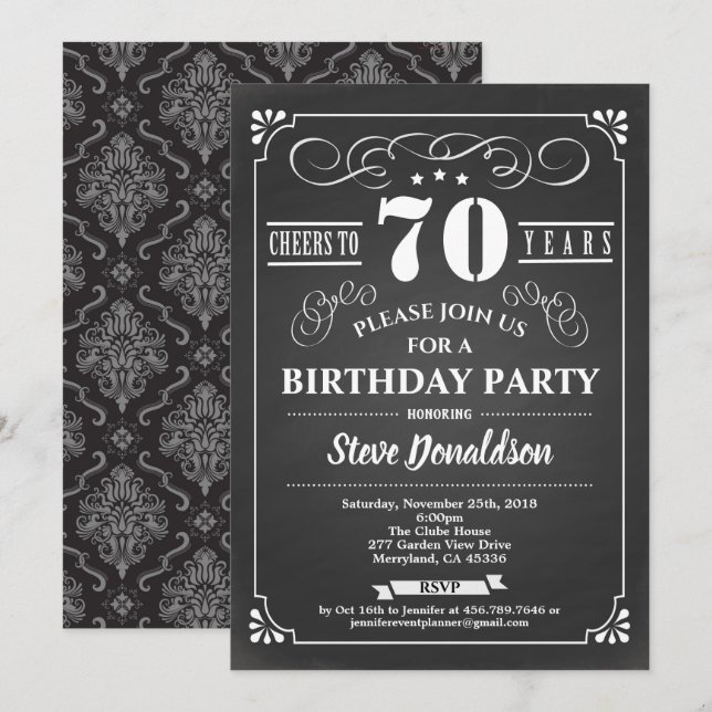 Cheers to 70 year 70th birthday party chalkboard invitation (Front/Back)