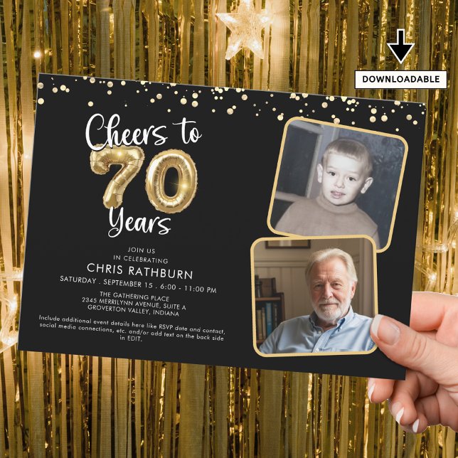 Cheers to 70 Years 2 Photos Script Balloon Invitation (Creator Uploaded)