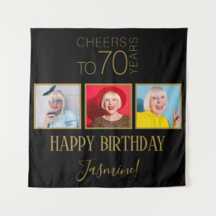 Cheers to 70 years 3 Photos Black Gold Elegant Tapestry