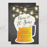 Cheers to 70 Years 70TH Birthday Invitation<br><div class="desc">Cheers to 70 years birthday invitation featuring a beer mug set on a modern black chalkboard background with hanging mason jar lights</div>