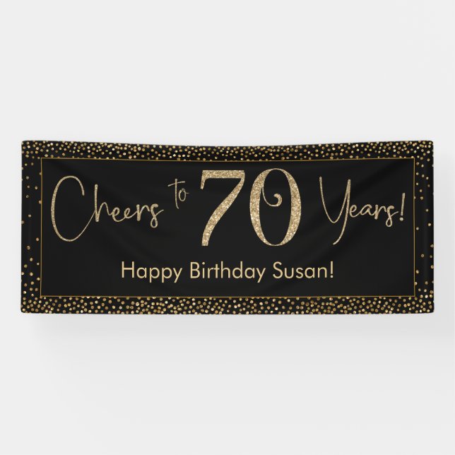 Cheers to 70 Years Birthday Black w/ Gold Confetti Banner (Horizontal)