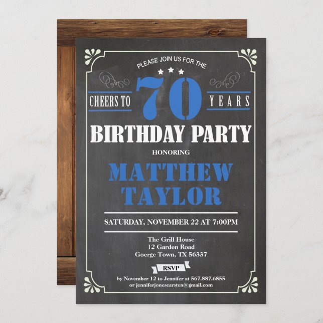 Cheers to 70 years birthday invitation. Retro Invitation (Front/Back)