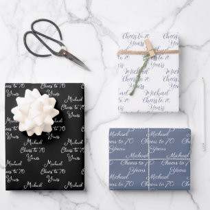 Cheers to 70 Years Black and White 70th Birthday Wrapping Paper Sheet