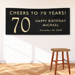 Cheers To 70 Years Black Gold 70th Birthday Party Banner