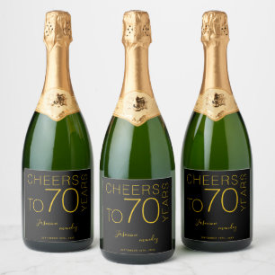 Cheers to 70 years Black Gold Elegant Birthday Sparkling Wine Label
