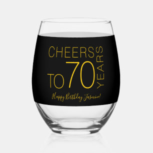 Cheers to 70 years Black Gold Elegant Birthday Stemless Wine Glass