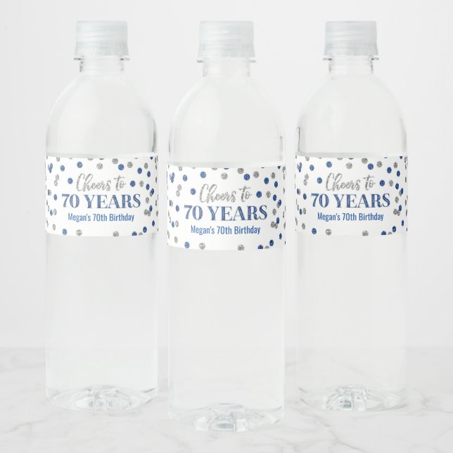 Cheers to 70 Years Blue Silver Confetti Birthday Water Bottle Label (Bottles)
