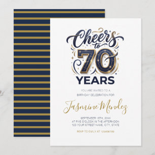 Cheers to 70 years Elegant Gold Blue Birthday Invitation