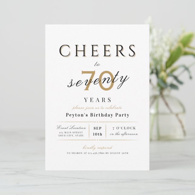 Cheers to 70 years elegant modern classy birthday invitation (Standing Front)