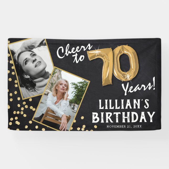 Cheers to 70 Years Gold Balloon 2 Photo Birthday Banner (Horizontal)