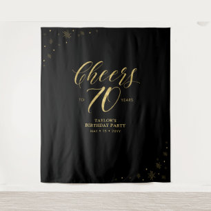 Cheers to 70 years   Gold & Black Birthday Party Tapestry