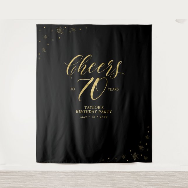 Cheers to 70 years | Gold & Black Birthday Party Tapestry (Front)