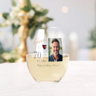 Cheers to 70 Years Red Wine 70th Birthday Photo Stemless Wine Glass
