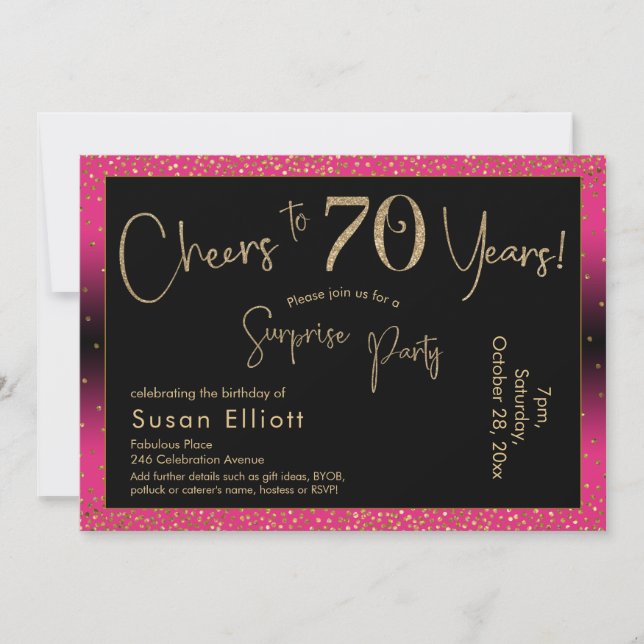 Cheers to 70 Years Surprise Birthday, Deep Pink Invitation (Front)