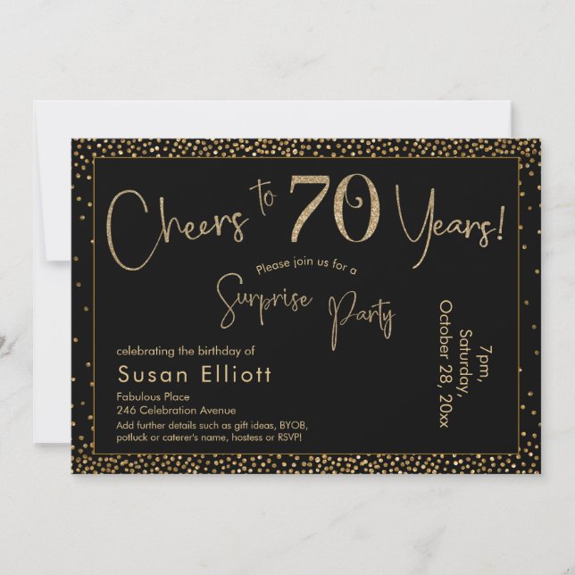 Cheers to 70 Years Surprise Birthday Gold & Black Invitation (Front)